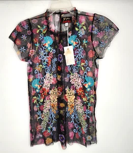Johnny Was Rheia Netzbluse Damen XS schwarz Blumen bestickt Kurzarm Oberteil - Bild 1 von 24