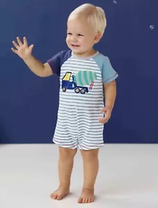 Mud Pie Baby Boys Blue Stripe Cement Truck Romper Shortall One-Piece 6-9 Months - Picture 1 of 3