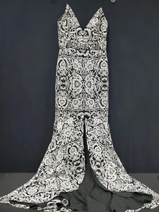 Vestido Monique Lhuillier Talla 4 Negro Blanco Brocado Tindale Correa Espagueti - Imagen 1 de 10