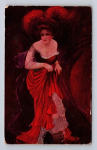 UDB Postcard Scarlett Lady in Red Dress Plumed Hat, Woman - Picture 1 of 2