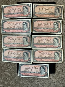 9 PC LOT 1954 BANK OF CANADA $2 NOTES VG/F - Picture 1 of 5