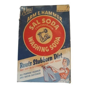 Soda de lavado concentrada Arm & Hammer Sal de la década de 1940 caja de 16 oz utilería de película vacía - Imagen 1 de 9