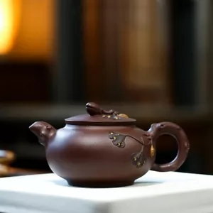 Marked Teapot Full Handmade Pot True Yixing Zisha Purple Clay Ginkgo Leaf Relief - Picture 1 of 10