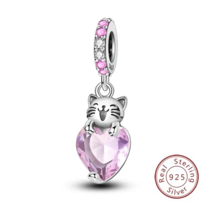 MULA Frauen 925 Sterling Silber DIY Charm Rosa Katze Herz Für Armband Halskette - Bild 1 von 4