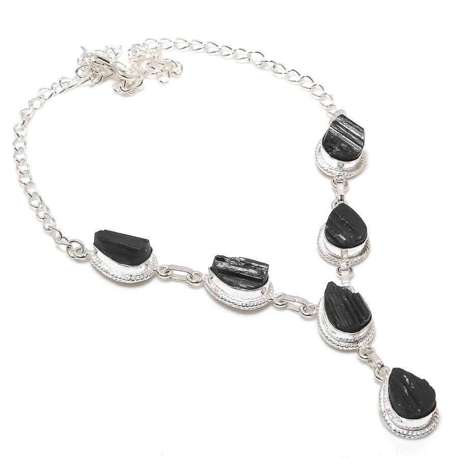 Black Tourmaline Gemstone 925 Handmade Sterling Silver Jewelry Necklace Sz- 18" - Image 1 of 1