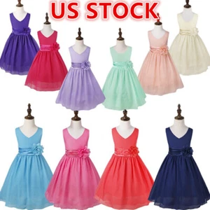 Girls Sleeveless V-Neck 3D Rose Chiffon Dress Bowknot Back Princess Birthday - Picture 1 of 34