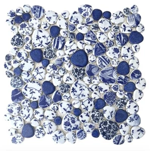 Blujellyfish Blue & White Pebble Tile Porcelain Mosaic Tiles - Picture 1 of 1