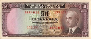 Turkey  50  kursh  L. 1930 / 1942  Series  B 22  Circulated Banknote Tx15 - Picture 1 of 2
