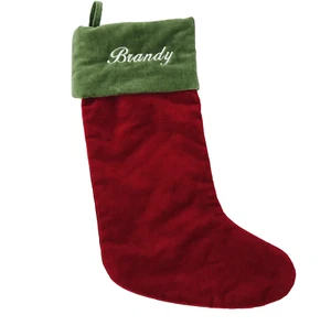Medias de Navidad Pottery Barn rojo terciopelo verde puño monograma BRANDY 19 pulgadas - Imagen 1 de 8