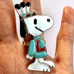 Zuni Toons Snoopy Ring Gr. 5,75 Peanuts Türkis signiert Don Dewa Indianer - Bild 1 von 10