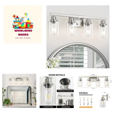 Elegant 4-Light Nickel Vanity Light with Dimmable Functionality and Clear Shades - Image 1 of 4