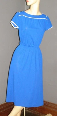 Vestido Vaina Vintage Años 70 Azul Oscuro NOS Blanco Ribete S M Cuello Barco Retro Foto 1 de 4