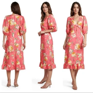 Vestido midi floral manga abullonada Melbourne Cartier de lino talla 2 NUEVO CON ETIQUETAS - Imagen 1 de 13