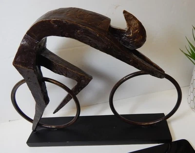 BICICLETA Abstracta Modernista Lg Escultura Bronce Estatua Ciclista Ciclista 14"x11 Foto 1 de 4