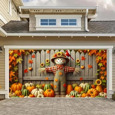 Cubierta de puerta de garaje de acción de gracias de 13x6 pies pancarta cosecha espantapájaros calabaza girasol Foto 1 de 4