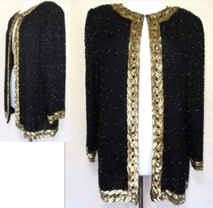 Vintage 1980s Laurence Kazar Evening Jacket, Blk/ Gold Beaded Jacket 2X - Picture 1 of 13