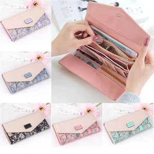 Portafoglio donna busta floreale pelle PU lungo pochette triplo porta carte US - Foto 1 di 16