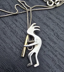 Native American Navajo Sterling Silver Kokopelli 14K Flute Pendant 30” Necklace - Picture 1 of 4