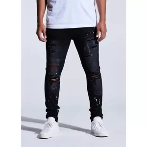 Crysp Denim Men's Distressed Rip & Repair Paint Splatter Skinny Fit Black Jeans - Picture 1 of 6