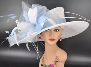 White Powder Blue Church Kentucky Derby Party Wedding Tea Wide Brim Sinamay Hat - Picture 1 of 6