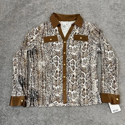 DONCASTER 衬衫女式 LM 中号蛇皮纽扣弹力丝绸 M245BL55 全新 — 第 1/4 张图片