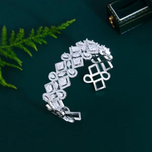 Adjustable Open Cuff Bangle Silver Plated Cubic Zirconia Tennis Crystal Jewelry - Picture 1 of 11
