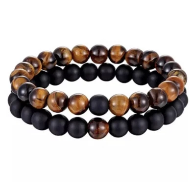 Juego de 2 brazaletes elásticos de festival boho de ónix negro y ojo de tigre sintético, Ying Yang Foto 1 de 3