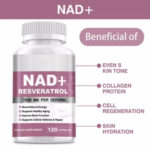 NAD+ Resveratrol 1500mg - Anti-Aging Energie Fokus Zelluläre Metabolis 120 Caps- - Bild 1 von 14