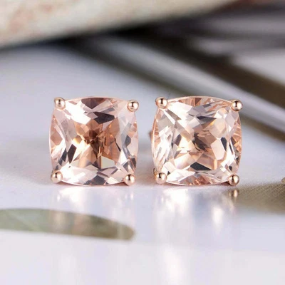 2ct Natural Cushion Peach Morganite Solitaire Stud Earrings 14k Solid Rose Gold - Image 1 of 4
