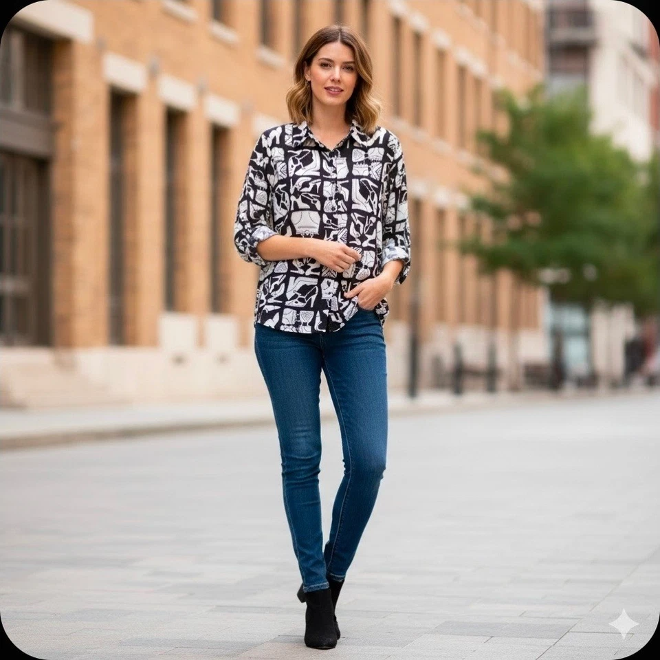 Alfred Dunner Mujer Negro Zapato Bolso de Mano Estampado Transparente Camisa Abotonada Blusa 18W Foto 1 de 4