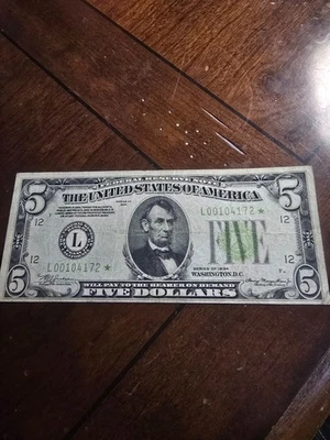 FR 1955L* 1934 $5 Star Note Green Seal Federal Reserve Note Fine/Very Fine RARE - Image 1 of 2