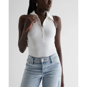 Express Ribbed Halter Neck Henley Polo Bodysuit L - Picture 1 of 5