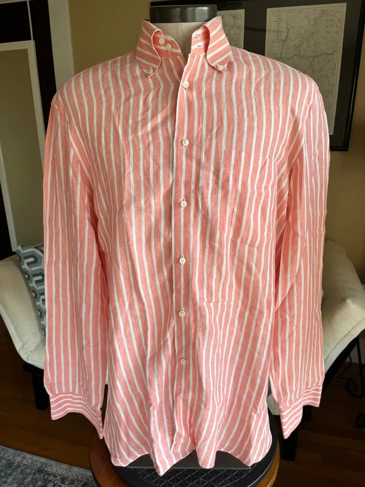 Borrelli Napoli Hombre Relajado Talla Camisa 16 (41) 100% Lino L/S Rosa Rayas Italia Foto 1 de 4