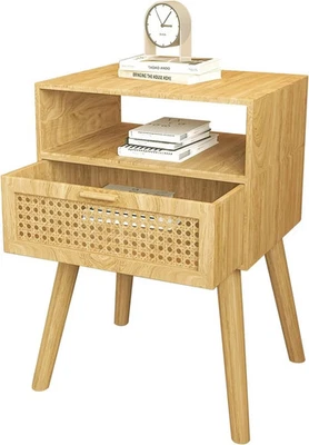 QRINNOVATIONS Wooden Nightstand with Rattan Door Bedside Table Mid Century End Table 1 Drawer