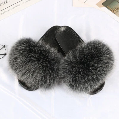 Womens Real Fox Fur Slides Slider Summer Beach Slippers Sandals Furry Flat Shoes - Image 1 of 4