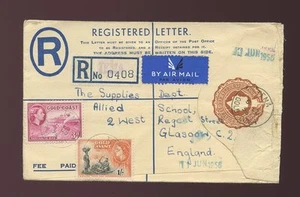 GOLD COAST TEMA REGISTERED STATIONERY QE2 to SCOTLAND 1956 1s 7d RATE AIRMAIL - Picture 1 of 1