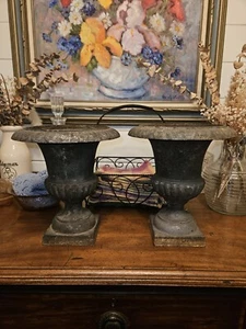 RARE Pair Antique R Remaudiere Paris Cast Iron Urn Garden Planter Yard Ornament - Picture 1 of 9
