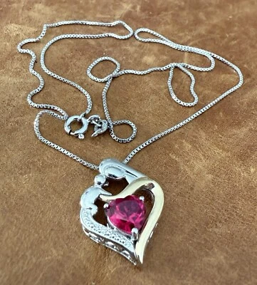 Alwand Vahan AV 925 & 14K Gold Ruby Mother & Child Heart Pendant Necklace 18” In - Image 1 of 4