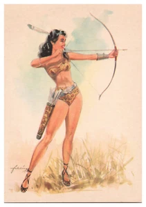 Sexy Frau Bogenschütze im Leopardenmuster, 50er Pinup Heinz Fehling Vintage Postkarte - Bild 1 von 2