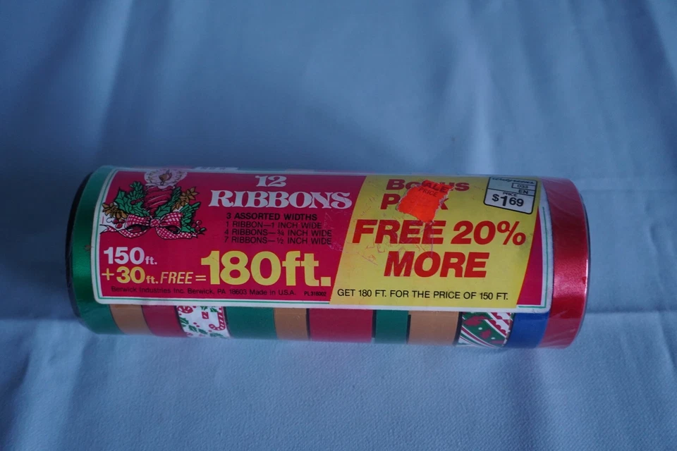 Berwick Christmas bow package ribbon 180 total feet 1/2" 3/4" 1" widths NOS - Image 1 of 4