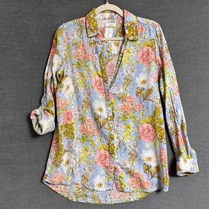 Joie Top S Blue Pink Floral Linen Button Beach Coastal Casual Cottage Boho - Picture 1 of 10
