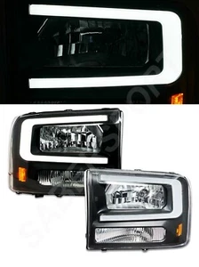 1 Piece Style Black Headlights w/ LED C-Bar for 99-04 Ford SuperDuty / Excursion - Picture 1 of 7