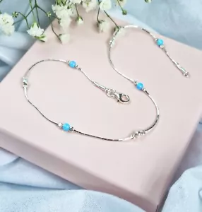 ANKLET OPAL Solid 925 Sterling Silver Chain 10'' blue Ankle Bracelet Birthstone - Picture 1 of 7