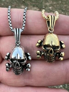 Real Solid 925 Silver 14k Gold Plated Goth Skull Cross Bones Death Pendant Biker - Picture 1 of 12