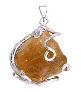 Golden Citrine Wirewrapped Crystal Silver Color Pendant 22" Snake Chain EPPC102 - Picture 1 of 3