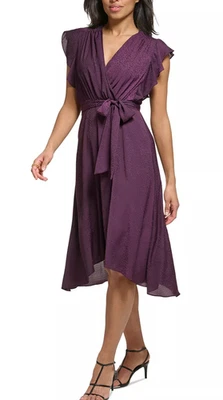 DKNY Dress Size 6 Raisin Purple Leopard Chiffon Flutter Sleeve Hi-Low NWT $134 - Image 1 of 4
