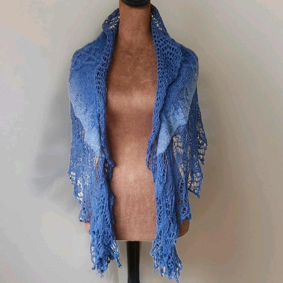 Cachecol triangular com miçangas renda azul malha grossa boêmio envoltório multifuncional - Imagem 1 de 4