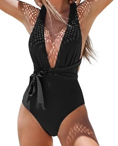 CUPSHE Women's One Piece Swimsuit Sexy Deep V Neck Bathing Suit Crisscross Back - Picture 1 of 10