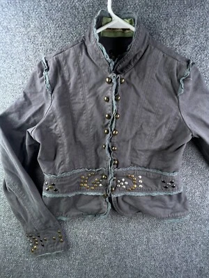 Miss Me Large Cotton Jacket Gray Women’s Long Sleeve Metal Studs Blue Ruffle - Image 1 of 4