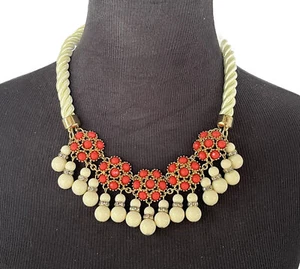 Banana Republic Necklace Statement Coral & Cream Chunky Rope & Bead, Gold Tone - Picture 1 of 9